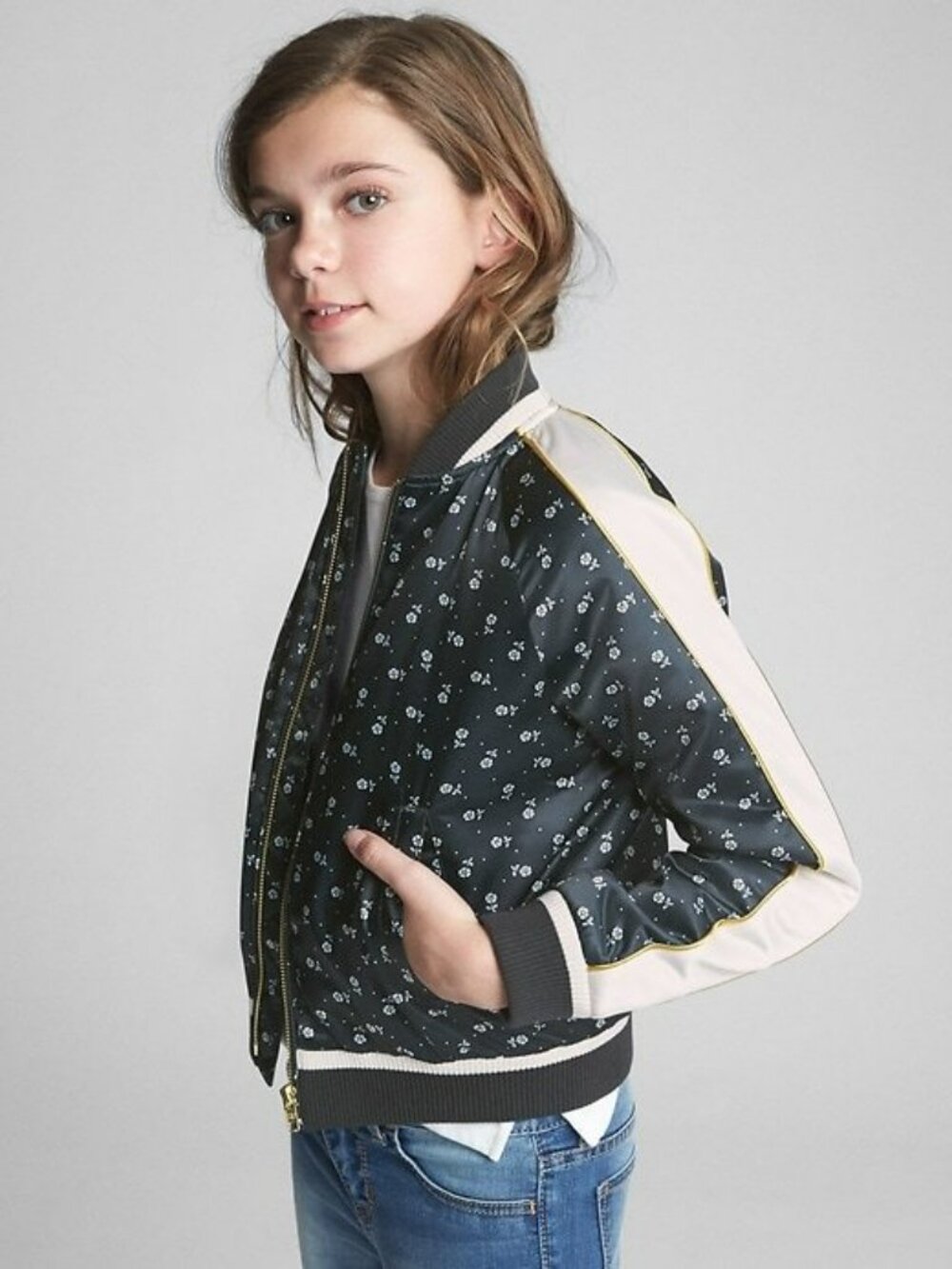 Kids GAP Bomber Jacket Size Medium Satin Floral Pocket